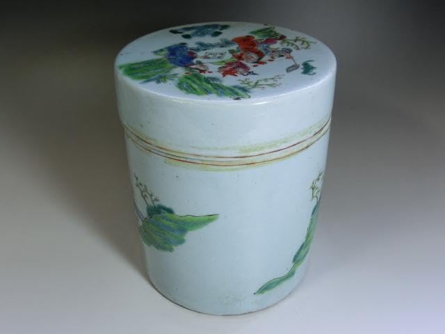 蓋物中国陶磁器人物色絵合子 茶入 桃松 唐人 蓋鉢 丸筒鉢 入